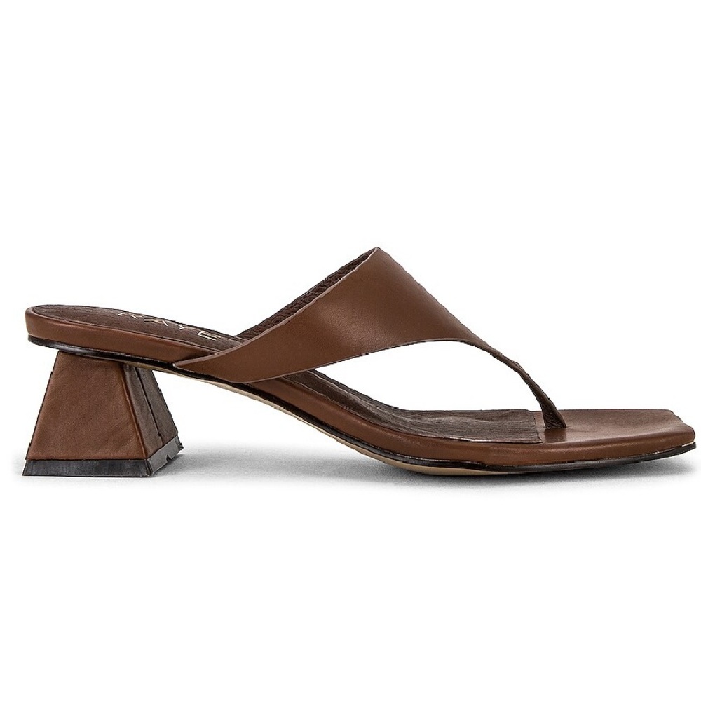RAYE Brown Leather Thong Sandal with Sculpted Block Heel
